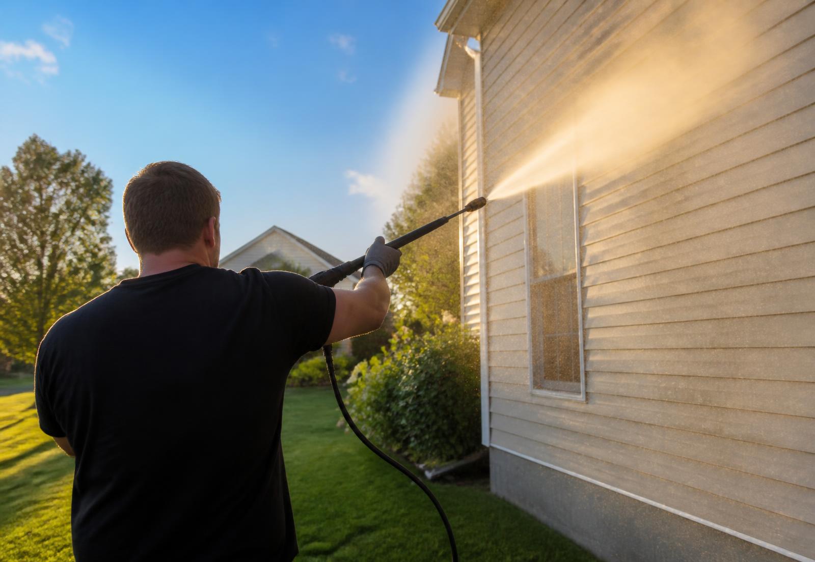 D.R Wash technician soft washing the siding of a home in Jackson, Missouri